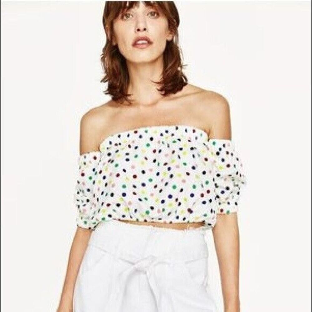 Zara Women's Cropped Top Sz S Puffed Sleeve Confetti Polka Dot Summer Casual